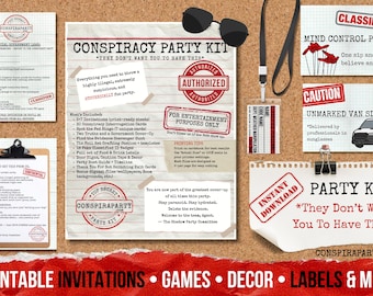 Conspiracy Party Kit – Printable Invitations, Games, Labels, Decor (Digital Download)