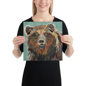 Majestic Montana Grizzly Bear Colorful & Whimsical Fine Art Print for Cabins, Farmhouse, Wildlife and Zoo Animal Decor 12×12 inches