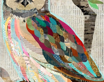 Vintage Collage Owl Art – Rustic Farmhouse Wrapped Canvas