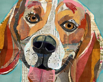 Colorful Beagle Dog Collage Art Print – Rustic Vintage Style