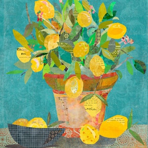 Sunshine in a Pot - A Bright and Cheerful Lemon Tree Fine Art Collage Print for Kitchens, Dining Rooms, Farmhouse Style Decor