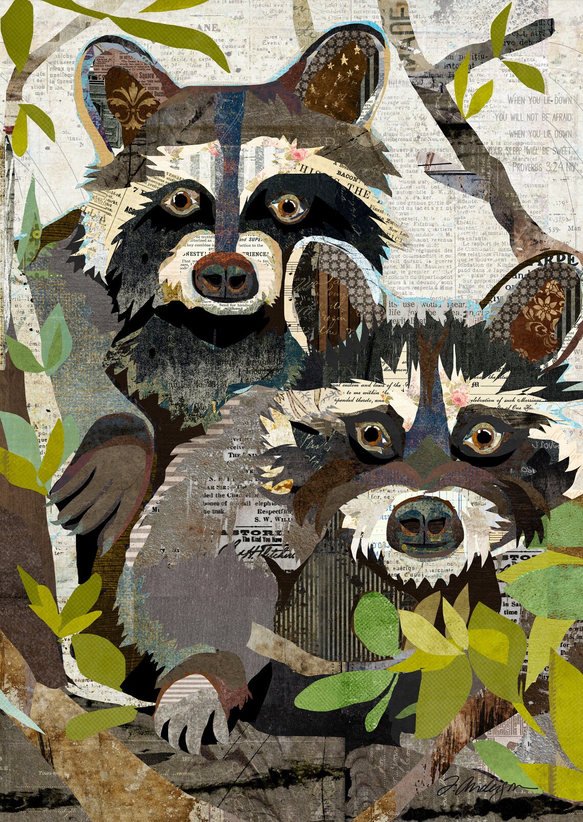 Whimsical Raccoon Collage Art A Rustic & Vintage Style Wall - Etsy