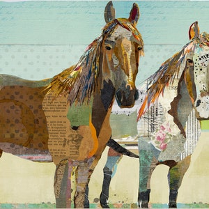 Two Collage Horses - A Fine Art Print for Horse Lovers - Vintage and Rustic Style for Farmhouse, Shabby Chic & Western Style Decor