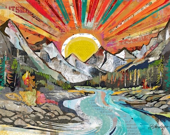Sunrise Mountain River Collage: Abstract Landscape Canvas Wall Art