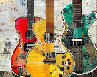 Vintage / Retro Base Guitars - Fine Art Collage Print - Home Decor Wall Artwork for Bedrooms, Bathrooms, Kitchens (Gallery Wrapped Canvas)