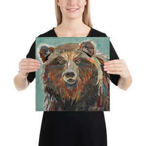 Majestic Montana Grizzly Bear Colorful & Whimsical Fine Art Print for Cabins, Farmhouse, Wildlife and Zoo Animal Decor 14×14 inches