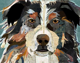 Australian Shepherd Art Print – Rustic Vintage Style Dog Collage