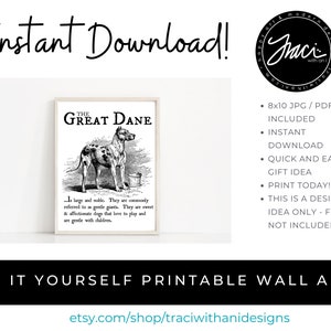 Great Dane - Vintage Inspired Wall Art Home Decor Printable Artwork With Retro Illustration & Dog Breed Definition - INSTANT DOWNLOAD GIFT