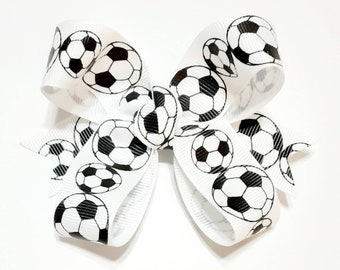 Handmade Soccer Hair Bow – Grosgrain Ribbon, 4 Inch