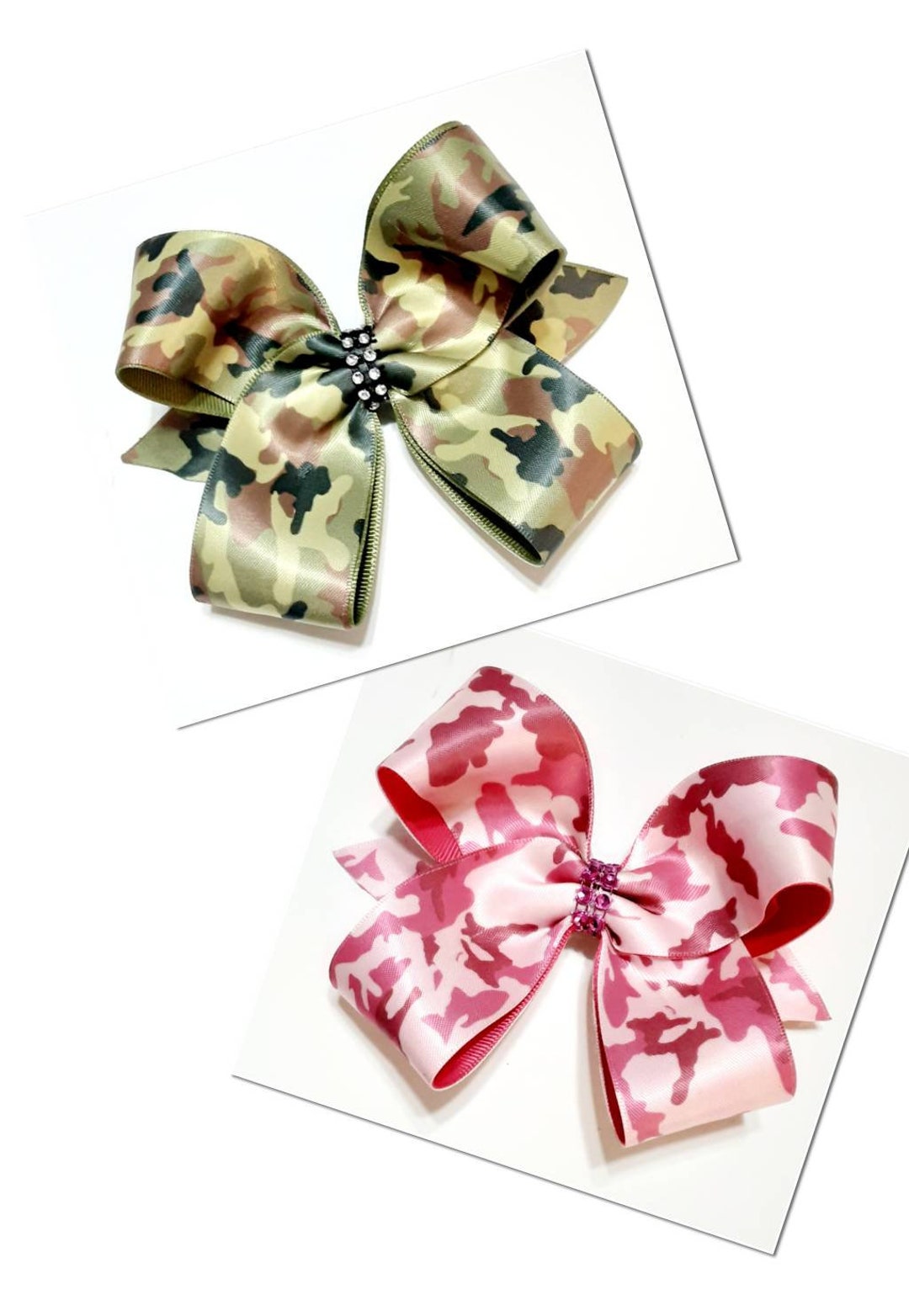 Green and Pink Camouflage Hair Bows With Rhinestones in the Center Etsy