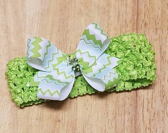 Baby Headbands - Crochet Baby Headbands - Infant Headbands - Newborn Headbands - Lime Green Crochet Headbands with Chevron Bow