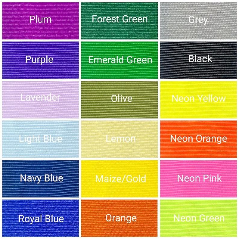 May include: A color chart with 18 different colors, including plum, forest green, grey, purple, emerald green, black, lavender, olive, neon yellow, light blue, lemon, neon orange, navy blue, maize/gold, neon pink, royal blue, orange, and neon green.