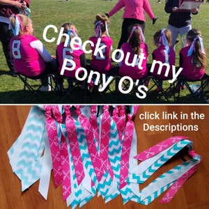 May include: A group of girls wearing pink shirts and blue and white chevron hair ties. The text "Check out my Pony O's" is superimposed on the image. The text "click link in the Descriptions" is also included in the image.
