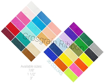 May include: A selection of 36 colors of grosgrain ribbon in a diamond shape. The ribbon is available in 7/8", 1 1/2", and 3" widths.  The text "Grosgrain Ribbon" and "36 COLORS" is visible in the image.