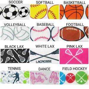 May include: A collage of 12 different sports and activities, each represented by a colorful ribbon with a repeating pattern. The sports include soccer, softball, basketball, volleyball, baseball, football, lacrosse, tennis, dance, and field hockey.