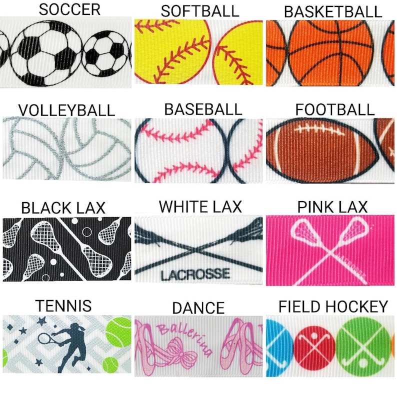 May include: A collage of 12 different sports and activities, each represented by a colorful ribbon with a repeating pattern. The sports include soccer, softball, basketball, volleyball, baseball, football, lacrosse, tennis, dance, and field hockey.