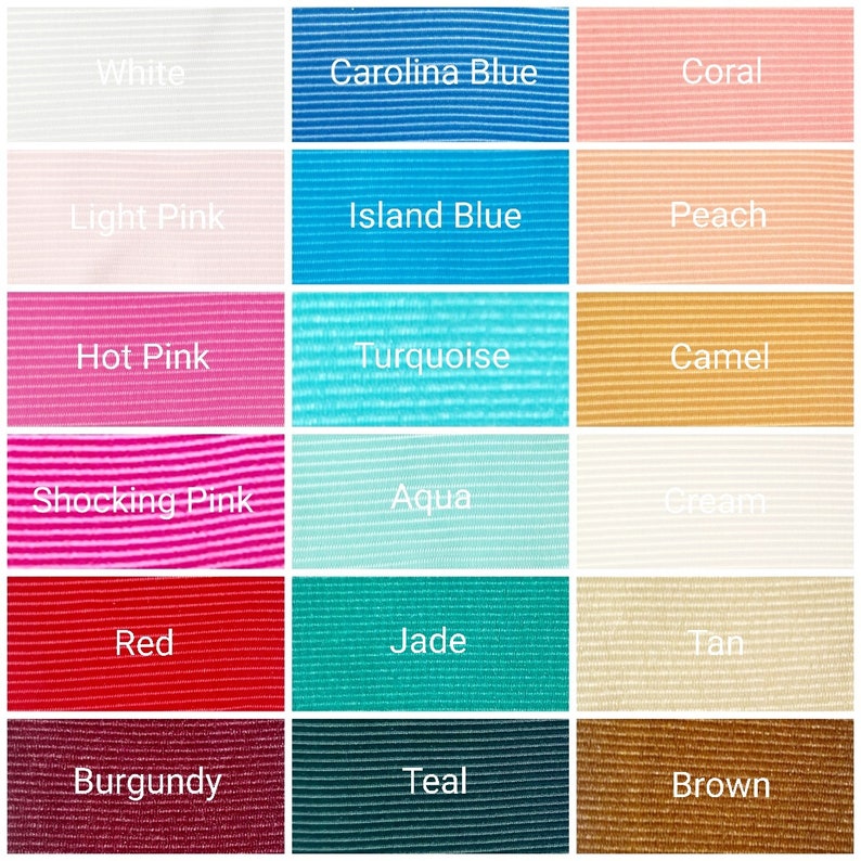 May include: A color chart with 18 different colors of ribbon. The colors are arranged in three rows of six. The colors are: white, Carolina blue, coral, light pink, island blue, peach, hot pink, turquoise, camel, shocking pink, aqua, cream, red, jade, tan, burgundy, teal, and brown.