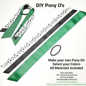 May include: DIY Pony O's hair ties kit with black and green ribbon, soccer ball print ribbon, and a black hair elastic. Make your own Pony O's, select your colors, all materials included. Also available: DIY instructed tutorial of how to make MissDanielle's Pony O's. Tutorial sold separate. Link to purchase is below in description area.