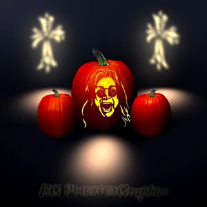 May include: Three orange pumpkins arranged in a row against a dark background. The center pumpkin features a carved yellow silhouette of a person with long hair and round glasses. Two glowing cross-shaped light patterns appear above the pumpkins.