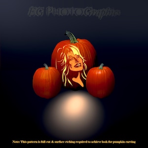 Puede incluir: Tres calabazas naranjas sobre un fondo oscuro. La calabaza central presenta un retrato tallado detallado de una mujer con cabello largo. El texto en la parte superior dice AG PHOTOGRAPHICS y en la parte inferior Note: This pattern is full cut & surface etching required to achieve look for pumpkin carving.