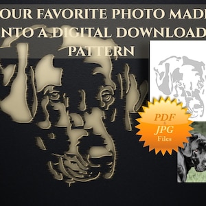 May include: A digital download pattern featuring a dog's face, with the text "YOUR FAVORITE PHOTO MADE INTO A DIGITAL DOWNLOAD PATTERN." Includes a PDF and JPG file. A photo of a black dog is also included.