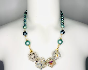 Upcycled Crystal Bead Vintage Earring and Blue Green Pearl Necklace