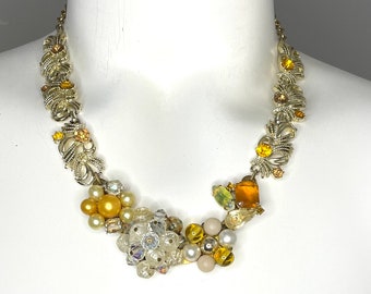Vintage Clip Earring Bib Necklace Amber Gold Pearl