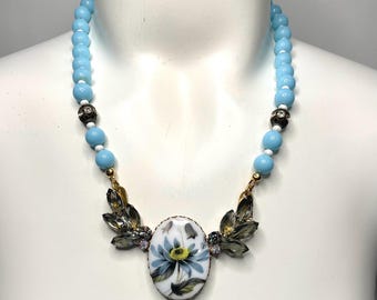 Upcycled Baby Blue Necklace with Floral Oval Pin and Gray Crystals
