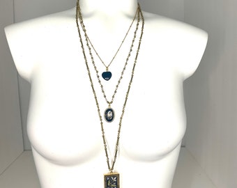Layered Black and Gold Necklace Trio with Heart