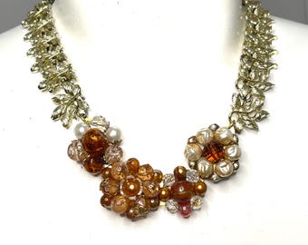 Upcycled Bib Necklace Brown Clip Earrings and Vintage Choker Combination