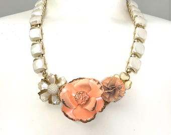 Upcycled Vintage Brooch Bib Necklace Peach with Pearl Choker Chain