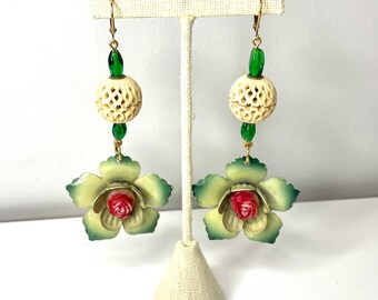 Repurposed Vintage Drapery Tack Earrings in Green and Red with Vintage Beads
