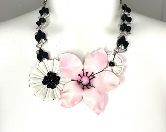 Upcycled Pink and Black Enamel Flower Necklace