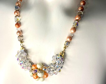 Upcycled Sparkly Crystal Bead Vintage Earrings Bib Necklace with Peach Pearls
