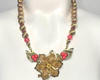 Christmas Bib Necklace Gold and Pink Featuring Vintage Holly Clip Earrings and Poinsettia Brooch.