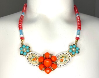 Upcycled Mid Century Clip Earring Bib Necklace with Flower Cameos