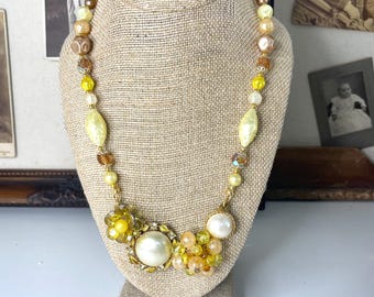Upcycled Yellow Vintage Clip Earring Bib Necklace with Vintage Bead Chain