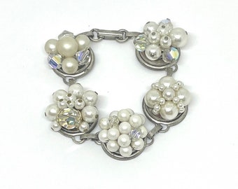 Vintage Earring Link Bracelet Pearl Crystal Silvertone