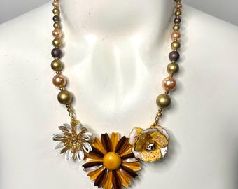 Floral Assemblage Bib Necklace Upcycled Enamel Pins in Caramel, Brown and White