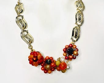 Upcycled Bib Necklace Vintage Orange Clip Earrings and Vintage Choker Combination