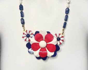 Upcycled Patriotic Bib Necklace Red, White, and Blue