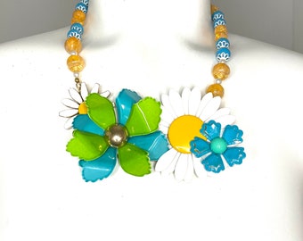 Upcycled Enamel Daisy and Flower Pin Necklace