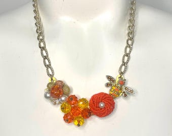 Upcycled Vintage Clip Earring Bib Necklace with Bee Charm, Gold Tone Chain