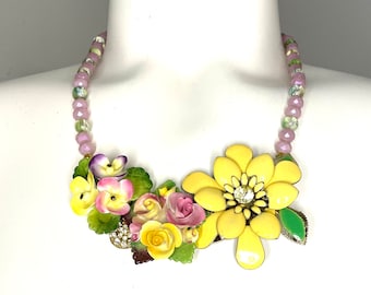 Upcycled Collage Necklace Pink Yellow