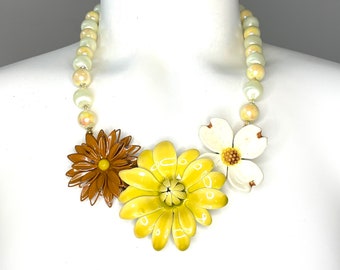 Upcycled Enamel Pins Vintage Brooch Bib Necklace with Vintage Beads