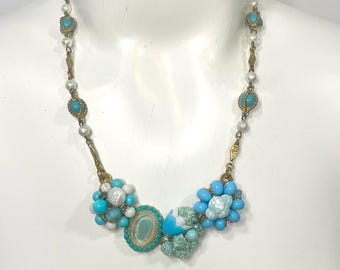 Aqua Color Vintage Earring Bib Necklace with Vintage Chain