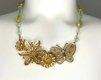Gold tone Layered Collage Necklace Upcycled