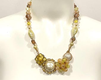 Upcycled Yellow Vintage Clip Earring Bib Necklace with Vintage Bead Chain
