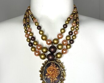 Chunky Vintage Floral Cameo Triple Strand Bead Necklace