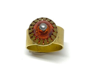 Adjustable Button Ring Antique Gold Tone Orange Vintage Button